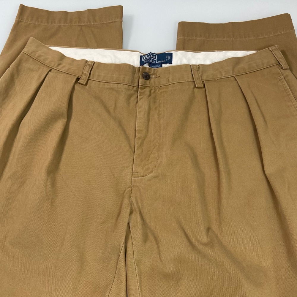 Polo Ralph Lauren Mens 38x30.5 Tan Ethan Pant Pleated Cotton Chino Office Preppy